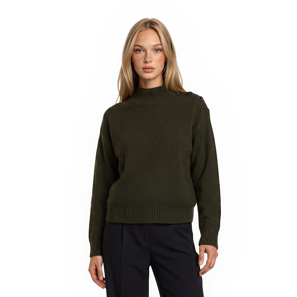 Anthropologie‎ Sweater Women's Size Small Olive Green Mock Neck Button